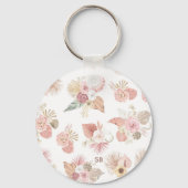 Boho Pink Green Brown Floral Keychain キーホルダー (裏面)