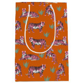 Boho Pink Orange Jungle Tiger Animal Pattern ミディアムペーパーバッグ (正面)