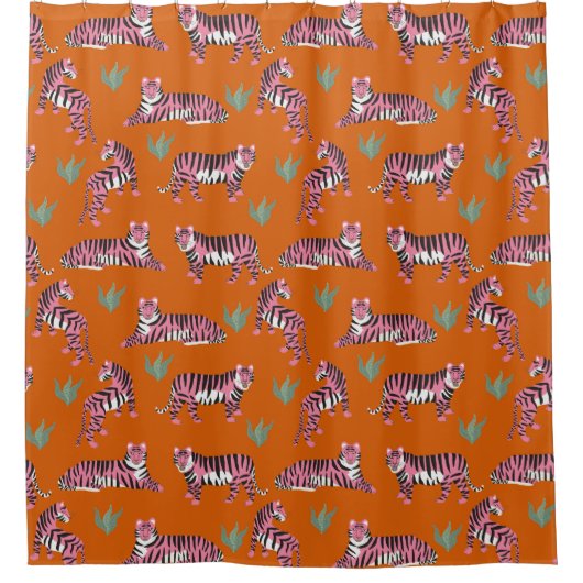 Boho Pink Orange Tiger Animal Pattern   シャワーカーテン (正面)