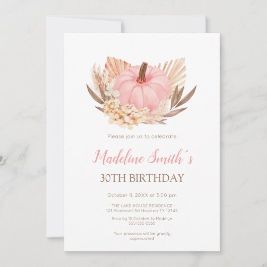 Boho Pink Pampas Grass Pumpkin Birthday 招待状 (正面)
