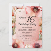 Boho Pink Poppies Floral Sweet 16 Birthday Party 招待状 (正面)