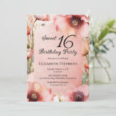 Boho Pink Poppies Floral Sweet 16 Birthday Party 招待状 (スタンド正面)