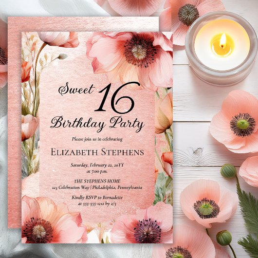 Boho Pink Poppies Floral Sweet 16 Birthday Party 招待状
