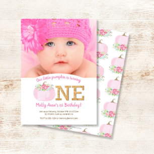 Boho Pink Pumpkin秋1st Birthday Girl写真 招待状