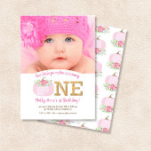 Boho Pink Pumpkin秋1st Birthday Girl写真 招待状