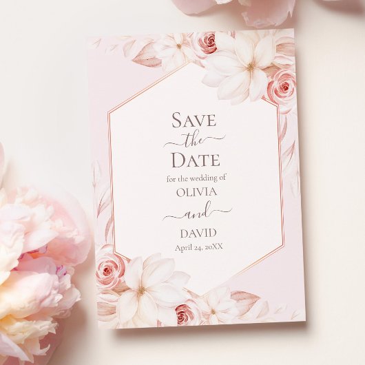 Boho Pink Roses淡い色の Save the Date Card 招待状