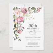 Boho Pink Watercolor Floral 90th Birthday Party 招待状 (正面)