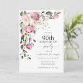 Boho Pink Watercolor Floral 90th Birthday Party 招待状 (スタンド正面)