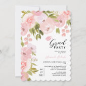Boho Pink Watercolor Floral Photo Graduation Party 招待状 (正面)