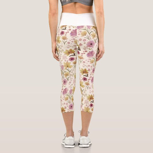 boho Pink Wildflower Watercolor  カプリレギンス (裏面)