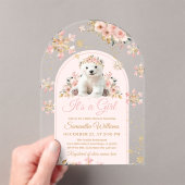 Boho Pink Winter Bear Its a Girl Baby Shower アクリル招待状 (インサイチュ (ポータブル))