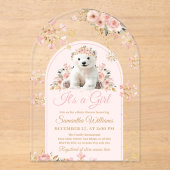 Boho Pink Winter Bear Its a Girl Baby Shower アクリル招待状 (正面)