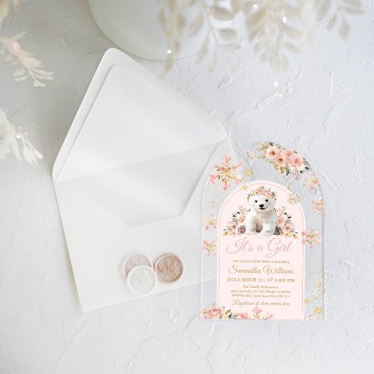 Boho Pink Winter Bear Its a Girl Baby Shower アクリル招待状