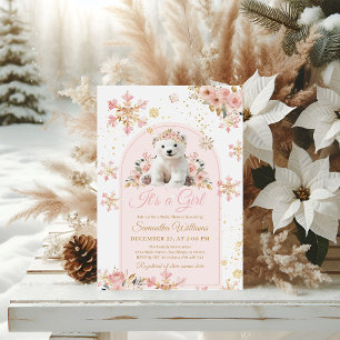Boho Pink Winter Bear Its a Girl Baby Shower 招待状