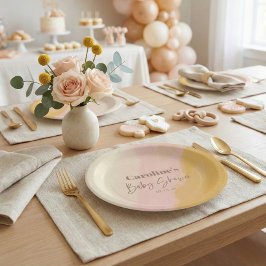 Boho Pink Yellow Script Custom Baby Shower   ペーパープレート