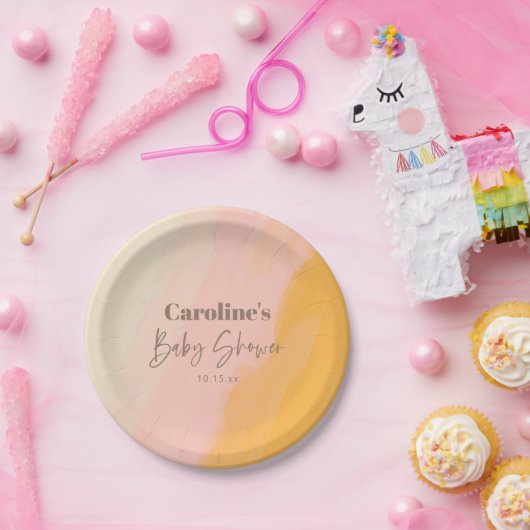 Boho Pink Yellow Script Custom Baby Shower   ペーパープレート (パーティー)