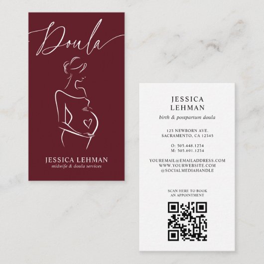 Boho Pregnant Lady Line Art Doula Midwife QRCODE  名刺 (正面/裏面)
