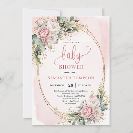 Boho Pretty Blush Floral Greenery Girl Baby Shower 招待状 (正面)