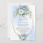 Boho Printable Dusty Blue Peony Gold Sweet Sixteen 招待状 (正面)