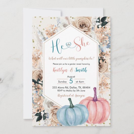 Boho Pumpkin秋He or Her Gender Reveal Invitati 招待状 (正面)