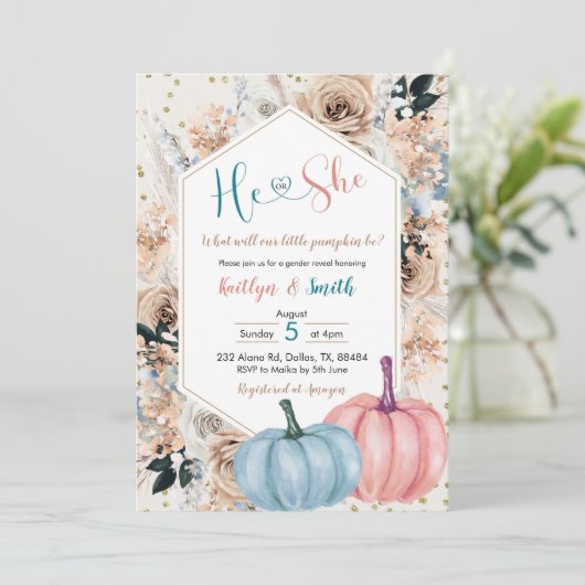 Boho Pumpkin秋He or Her Gender Reveal Invitati 招待状 (スタンド正面)