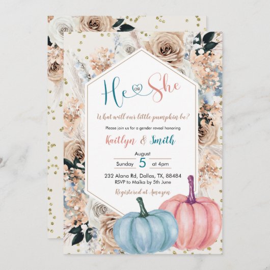 Boho Pumpkin秋He or Her Gender Reveal Invitati 招待状 (正面/裏面)