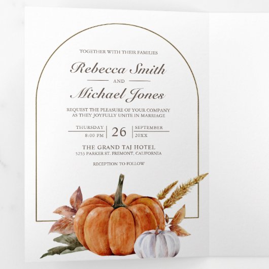 Boho Pumpkin素朴写真QRコード結婚s 三つ折り招待状 (内部最初)