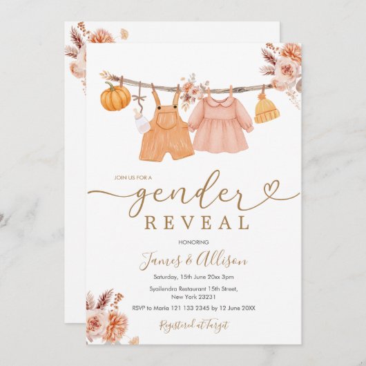 Boho Pumpkin赤ちゃん服ジェンダーの表示 招待状 (正面/裏面)