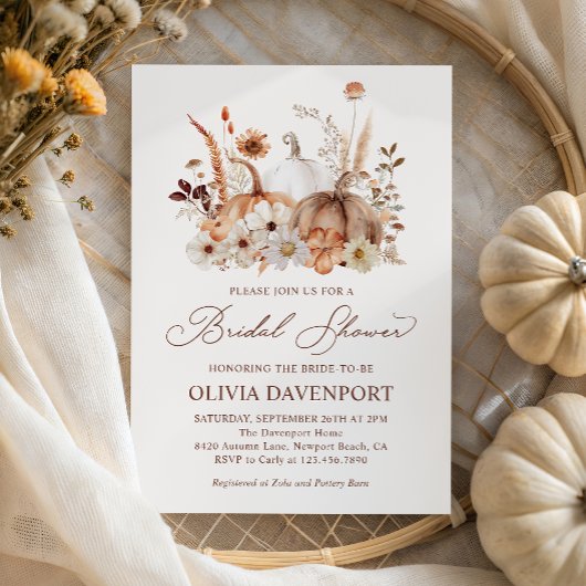 Boho Pumpkin Floral Rustic Fall Bridal Shower 招待状