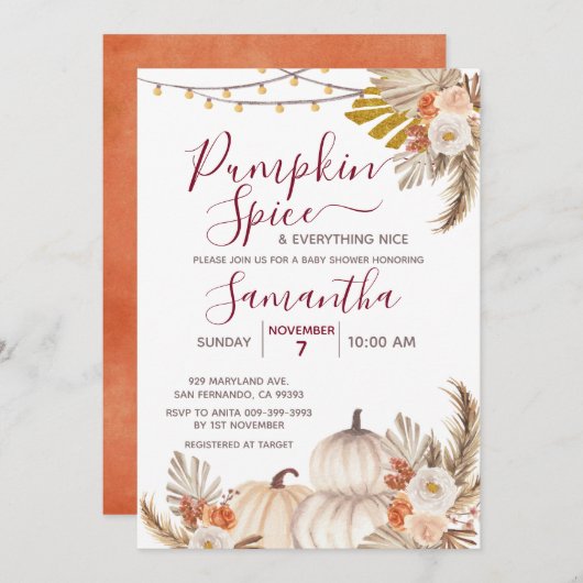 Boho Pumpkin Spice & Everything Nice Baby Shower 招待状 (正面/裏面)