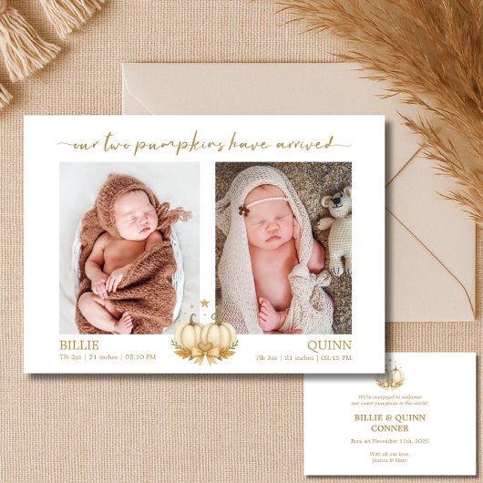Boho Pumpkins Baby Twins Photo Announcement 案内状