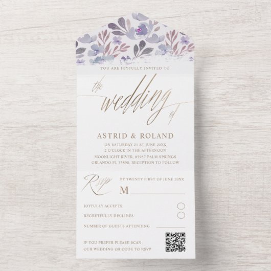 Boho Purpleフローラフェイク金ゴールドス結婚クリプト オールインワン招待状 (内側)
