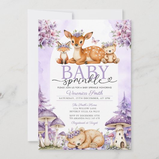 Boho Purple Deer Woodland Girl Baby Sprinkle 招待状 (正面)