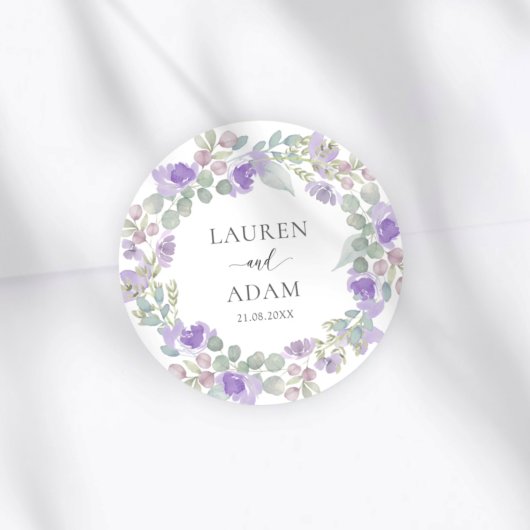 Boho Purple Floral Couples Names Wedding ラウンドシール