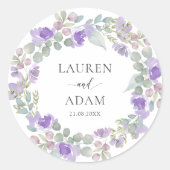 Boho Purple Floral Couples Names Wedding ラウンドシール (正面)