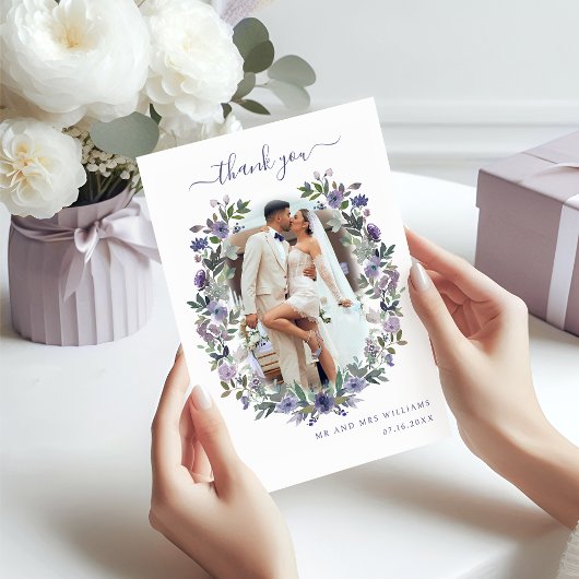 Boho Purple Lavenderフローラリース結婚の写真 サンキューカード