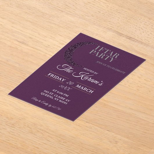 Boho Purple Minimalist Mosque Ramadan Iftar Party  アクリル招待状 (レイダウン)