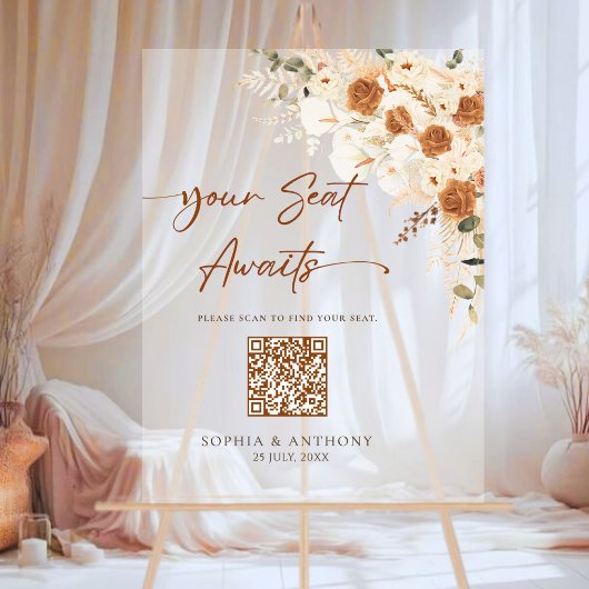 Boho QR Code Wedding Seating Chart Acrylic Sign アクリルサイン