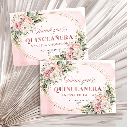 Boho Quinceañera Thank You Card Rose Gold Floral サンキューカード