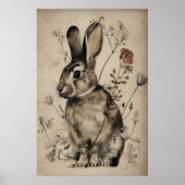 Boho Rabbit Bunny Flower Print, Rustic Hare ポスター (正面)