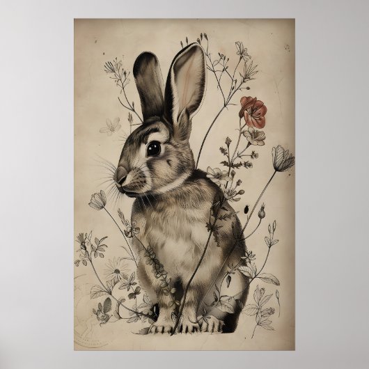 Boho Rabbit Bunny Flower Print, Rustic Hare ポスター (正面)
