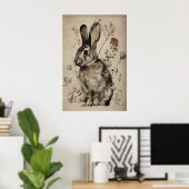 Boho Rabbit Bunny Flower Print, Rustic Hare ポスター (ホームオフィス)