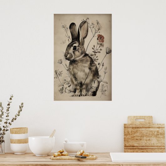 Boho Rabbit Bunny Flower Print, Rustic Hare ポスター (キッチン)