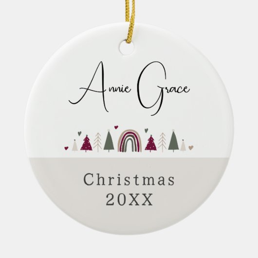 Boho Rainbowとハートの名前フォトクリスマス セラミックオーナメント (正面)