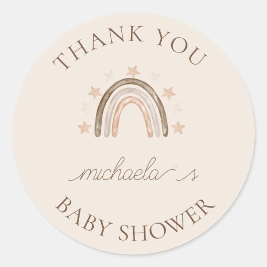 Boho Rainbowパーソナライズされた Baby Shower Thank You ラウンドシール (正面)