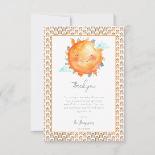 Boho Rainbow太陽の光の少し赤ちゃんシャワー サンキューカード (正面)