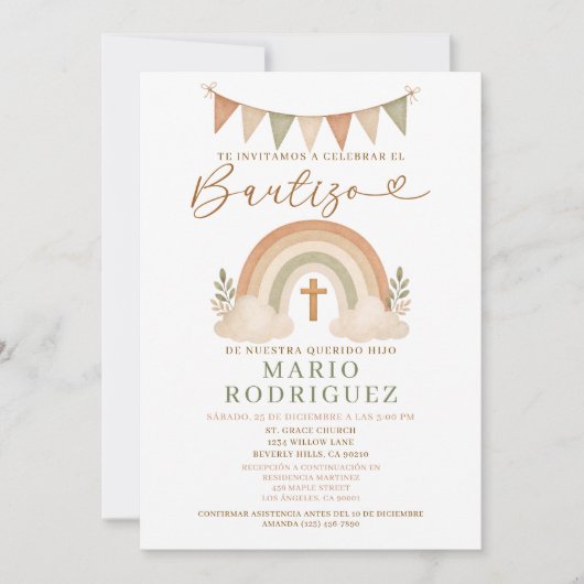 Boho Rainbow Bautizo Invitation Spanish 招待状 (正面)