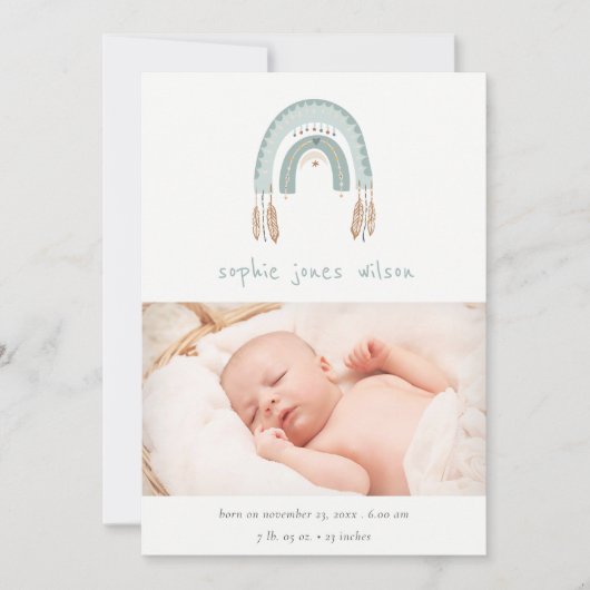 Boho Rainbow Blueスクリプト写真誕生のお知らせ サンキューカード (正面)