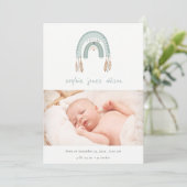 Boho Rainbow Blueスクリプト写真誕生のお知らせ サンキューカード (スタンド正面)