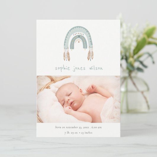 Boho Rainbow Blueスクリプト写真誕生のお知らせ サンキューカード (スタンド正面)